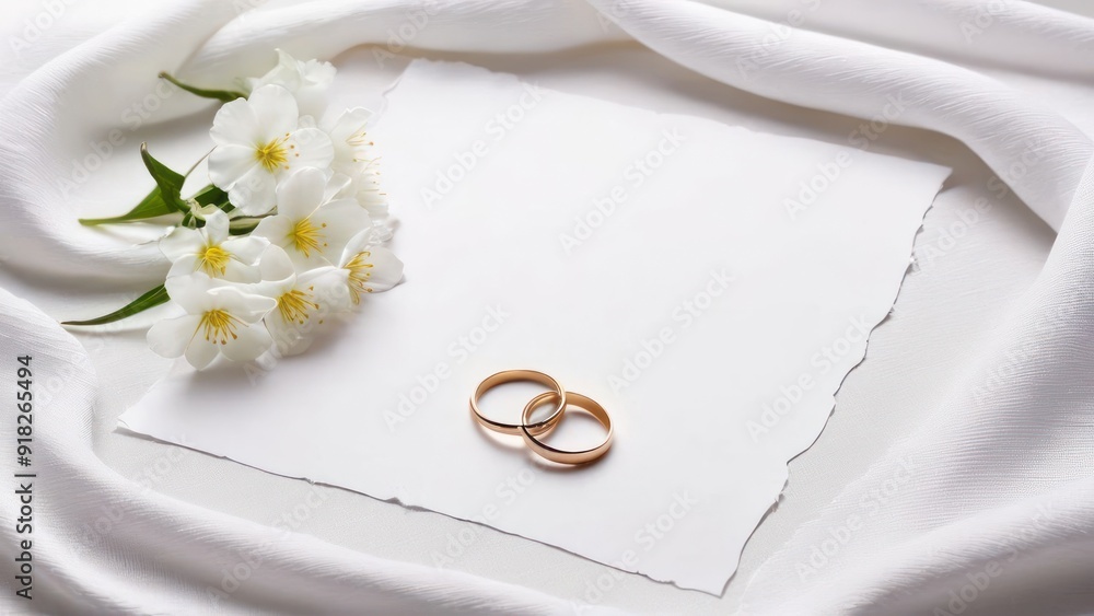 A romantic wedding planning setup with a wedding ring on a piece of paper, A romantic wedding planning setup with a wedding ring on a piece of paper,