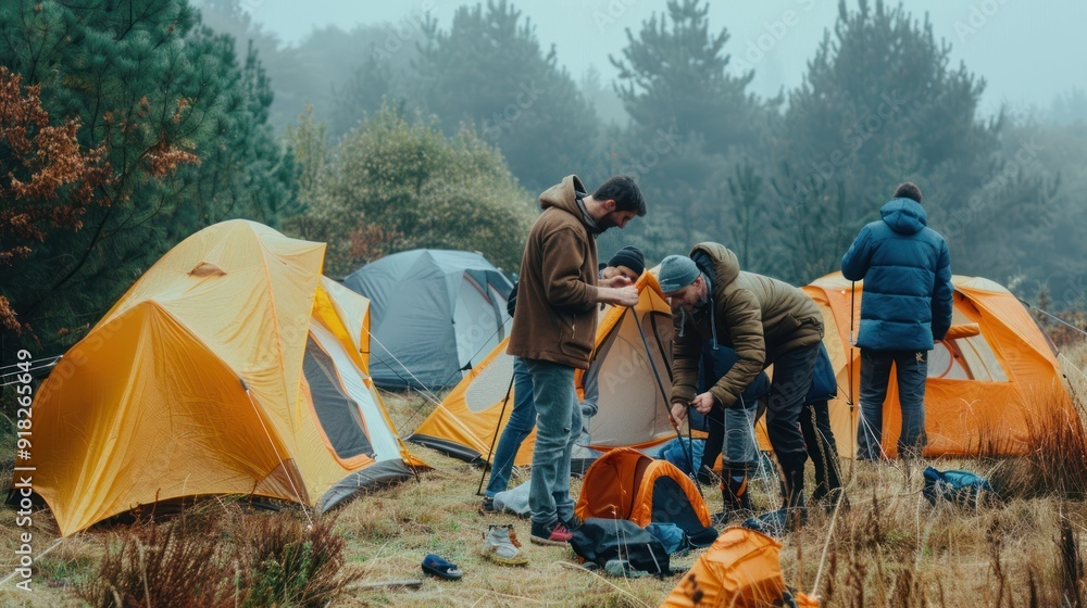 Friends camping and setting up tents. Friends camping and setting up tents.