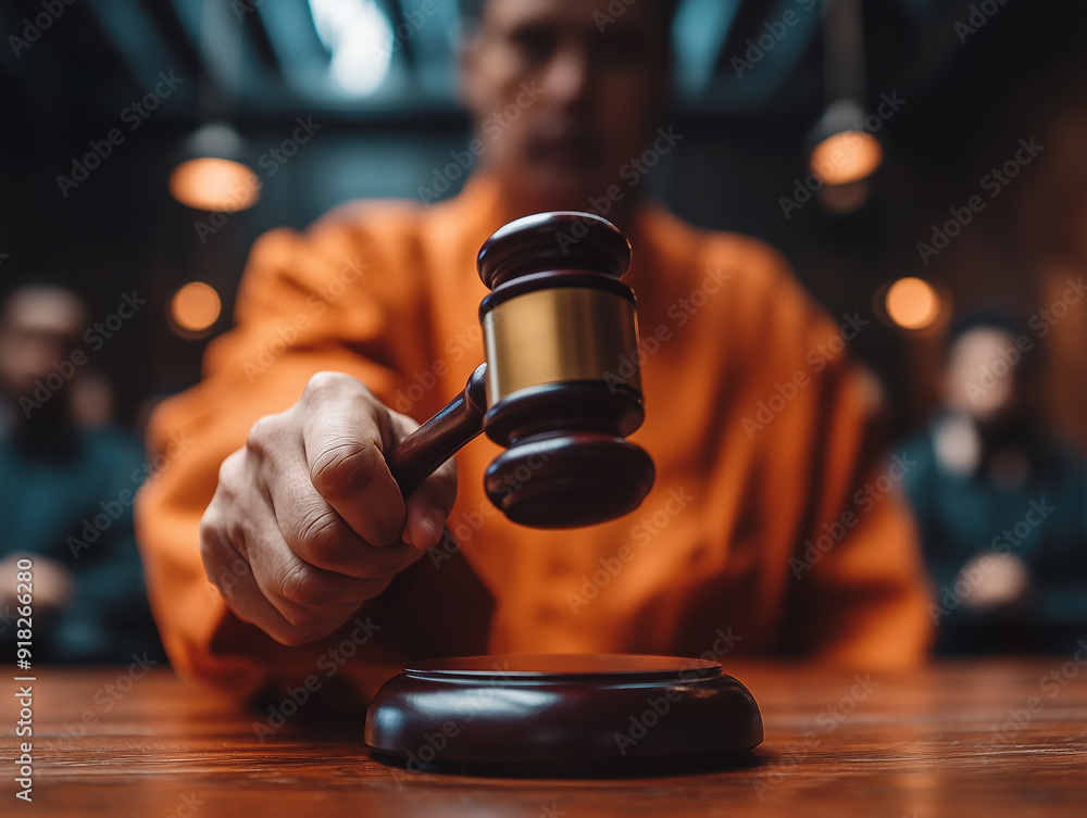 convict with a gavel in hand, dimly lit courtroom convict with a gavel in hand, dimly lit courtroom