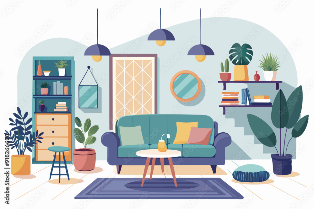 A Cozy Living Room with a Blue Sofa, Plants, and Bookshelves A Cozy Living Room with a Blue Sofa, Plants, and Bookshelves