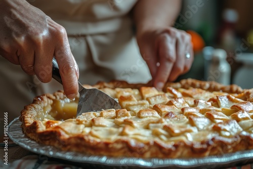 Hands of a baker slicing a freshly baked lattice-crust apple pie with a metal server in a warm kitchen.