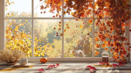 Autumn window scene and empty table for decor