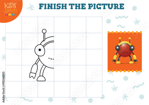 Copy and complete the picture vector blank game, illustration. Preschool kids activity or exercise for learning and education with cartoon cute robot