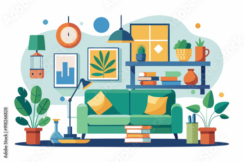 Cozy Living Room Interior with Green Sofa, Plants, and Books