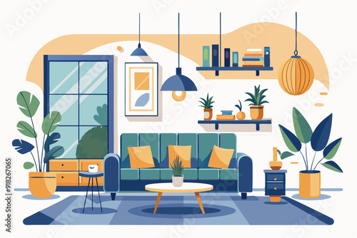 Cozy Living Room with Blue Couch, Yellow Pillows, and Plants