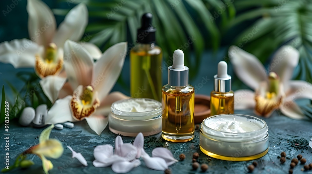 Luxurious Skincare Setup with Facial Oils Creams and Floral Botanicals for Beauty and Care Luxurious Skincare Setup with Facial Oils Creams and Floral Botanicals for Beauty and Care