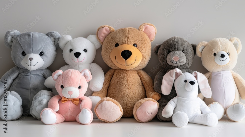 Cute Soft Plush Toys and Stuffed Animals on White Surface for Kids Play or Nursery Decor Cute Soft Plush Toys and Stuffed Animals on White Surface for Kids Play or Nursery Decor