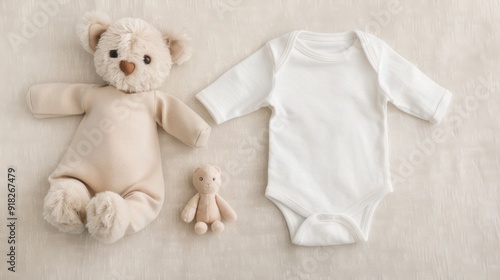 Adorable Baby Onesies with Small Toy on Soft Background for Newborn Clothing Concept