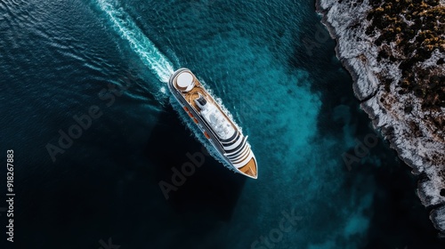 A luxury yacht cruises along a beautiful coastline with clear blue waters and rocks, highlighting the essence of coastal relaxation and premium maritime experiences.