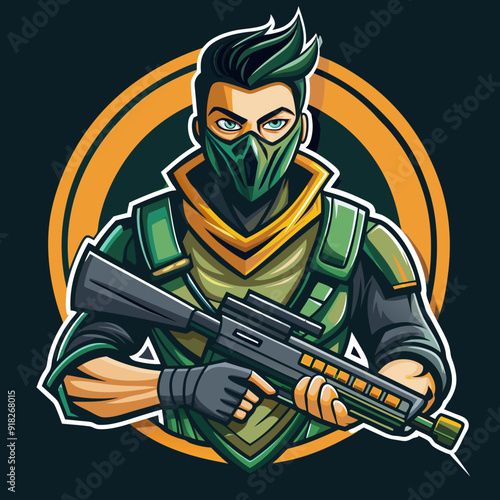 Warrior soldier with a machine gun in a mask mascot for sports and esports vector logo