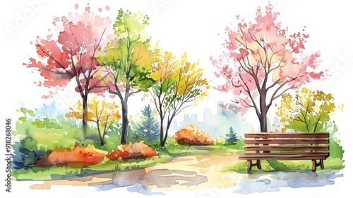 Beautiful watercolor painting of a park scene with vibrant autumn trees, a wooden bench, and a serene pathway.
