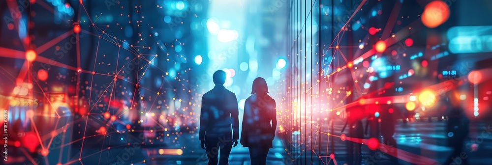Silhouettes of two people walking in a city with neon lights and digital networks creating a futuristic, cyberpunk atmosphere. Silhouettes of two people walking in a city with neon lights and digital networks creating a futuristic, cyberpunk atmosphere.