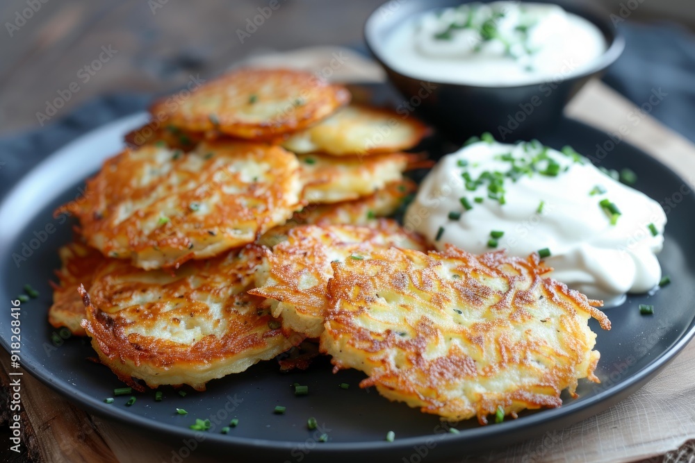 Crispy potato pancakes served with chives and sour cream on a rustic wooden background Crispy potato pancakes served with chives and sour cream on a rustic wooden background