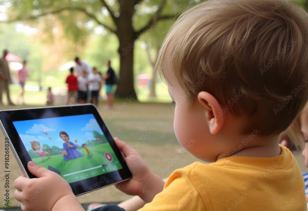 a child is playing a game with a tablet in the park a child is playing a game with a tablet in the park