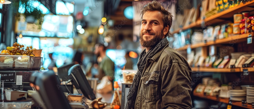 Man working at a cozy coffee shop, surrounded by shelves filled with different coffee products and a warm atmosphere. Man working at a cozy coffee shop, surrounded by shelves filled with different coffee products and a warm atmosphere.