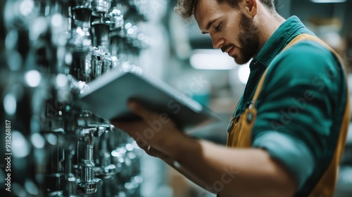 A brewery worker in an apron inspecting shiny metal valves and checking with a digital tablet, ensuring the equipment is functioning correctly in a modern brewery.