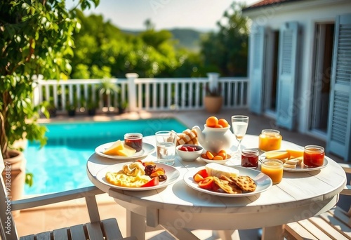 On a villa terrace, a white wooden table is set with breakfast plates, cheeses, an omelet, orange juice, fruit, and jams. The pool and lush greenery create a serene, luxurious morning scene.