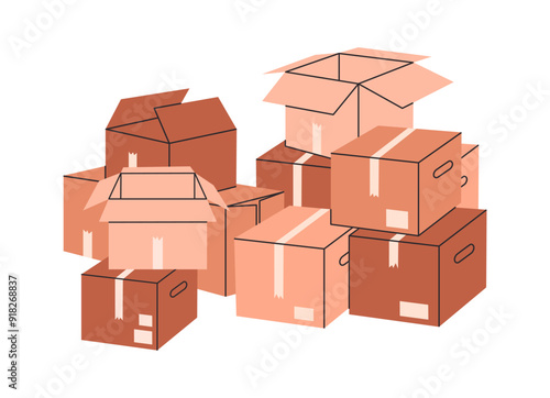 Boxes piles. Cardboard delivery or moving containers, carton moving cargo boxes flat vector illustration. Hand drawn boxes pile on white