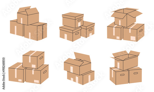 Cardboard boxes piles. Carton delivery or moving containers, moving cargo boxes flat vector illustration set. Hand drawn boxes piles on white