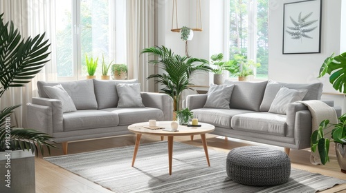 Bright living room with gray sofas, coffee table, and plants