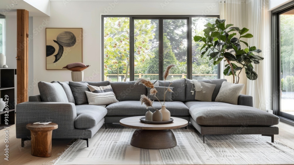 Bright living room with grey sofa, coffee table, and large window Bright living room with grey sofa, coffee table, and large window