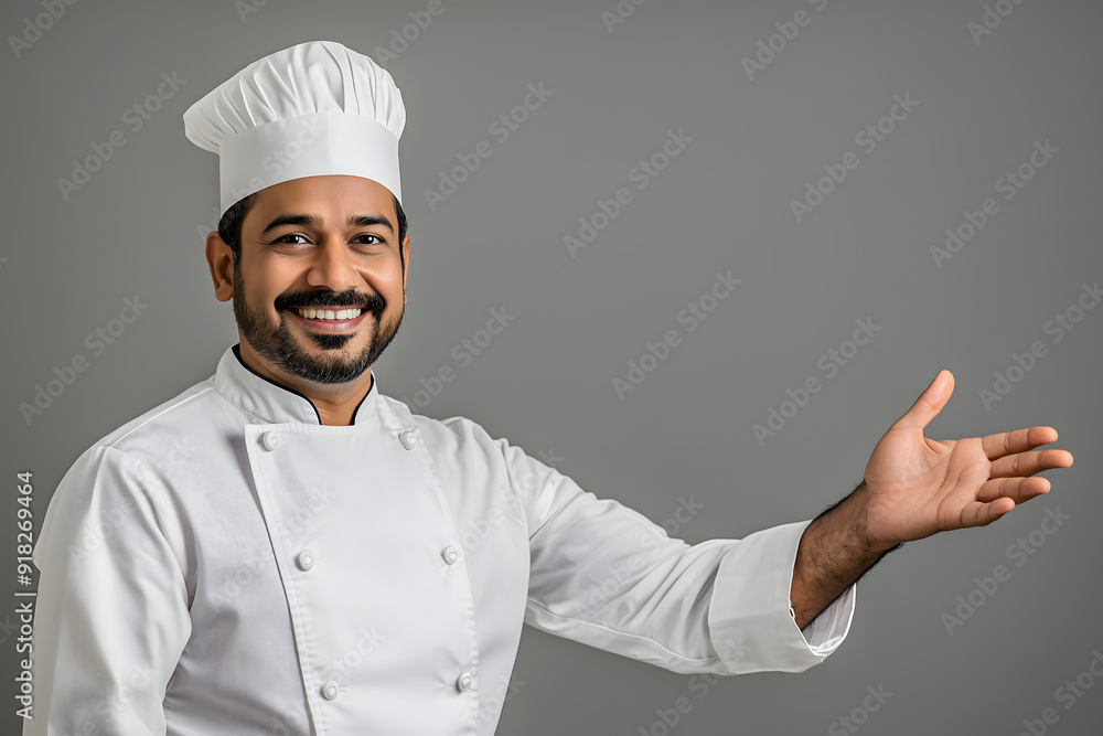 Chef in white uniform presenting something over a grey background Cooking Display Background Concept Chef in white uniform presenting something over a grey background Cooking Display Background Concept