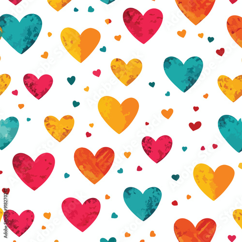 Seamless pattern. Multicolored hearts. Bright pattern for fabrics, packaging backgrounds. Doodle hearts. Seamless vector pattern on white background. 