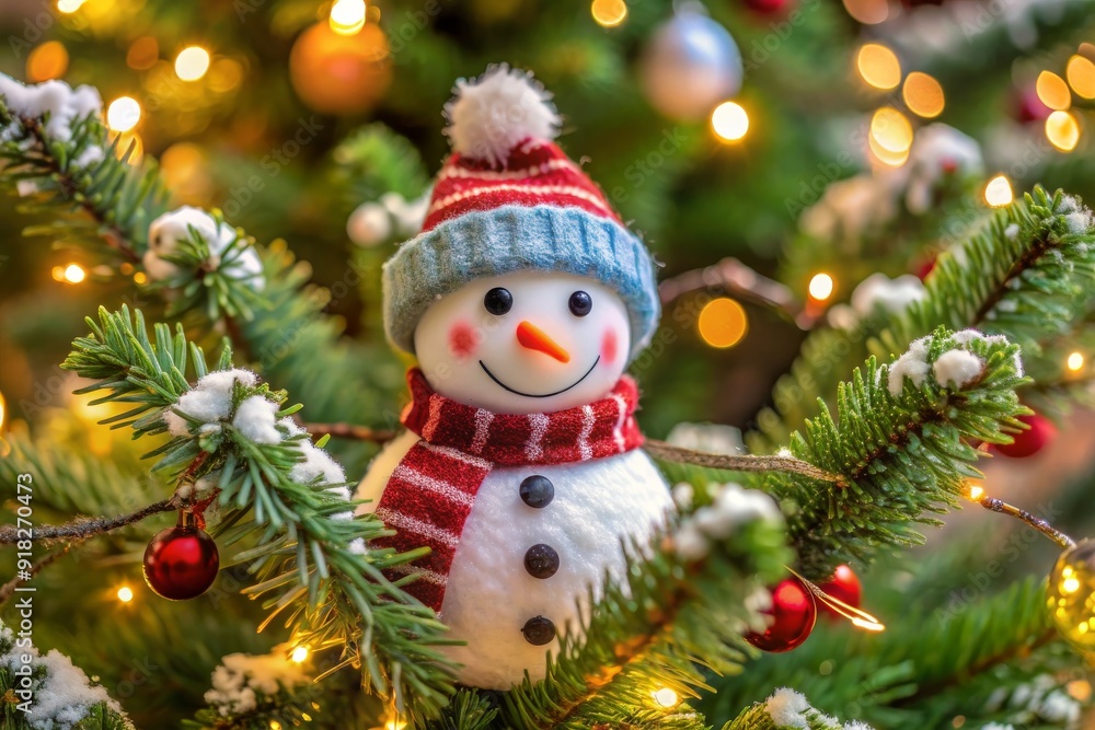 A snowman with a red and blue scarf is sitting on a Christmas tree A snowman with a red and blue scarf is sitting on a Christmas tree