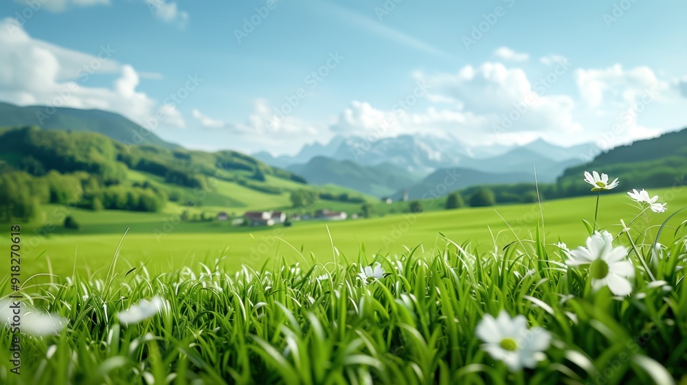 Beautiful scenic view of green meadows with wildflowers and mountains in the background under a clear blue sky. Beautiful scenic view of green meadows with wildflowers and mountains in the background under a clear blue sky.