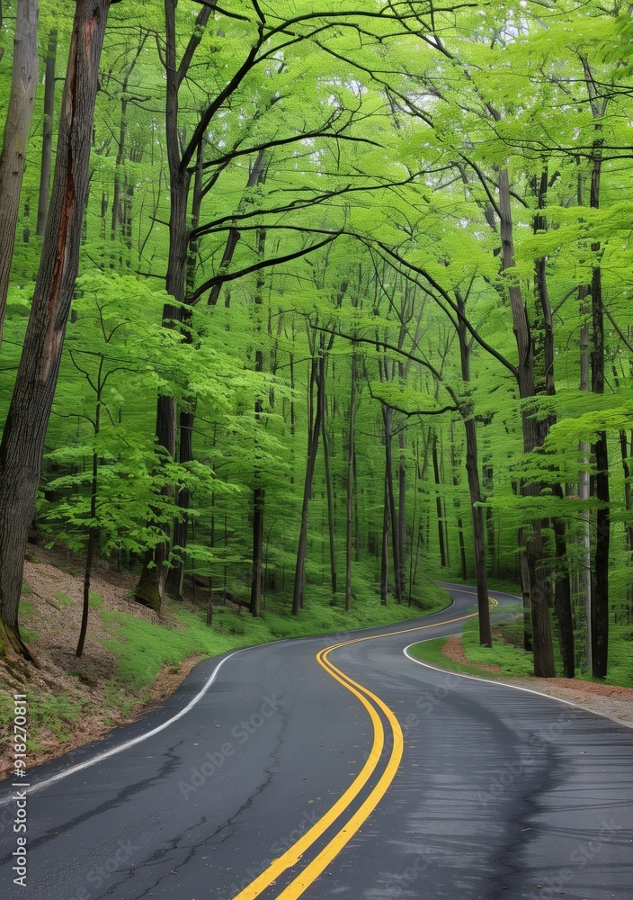Fototapeta premium Winding asphalt road curves through a dense green forest with lush spring foliage under a canopy of trees.