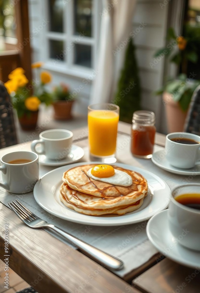 Breakfast table set in a garden on a sunny day. Breakfast table set in a garden on a sunny day.