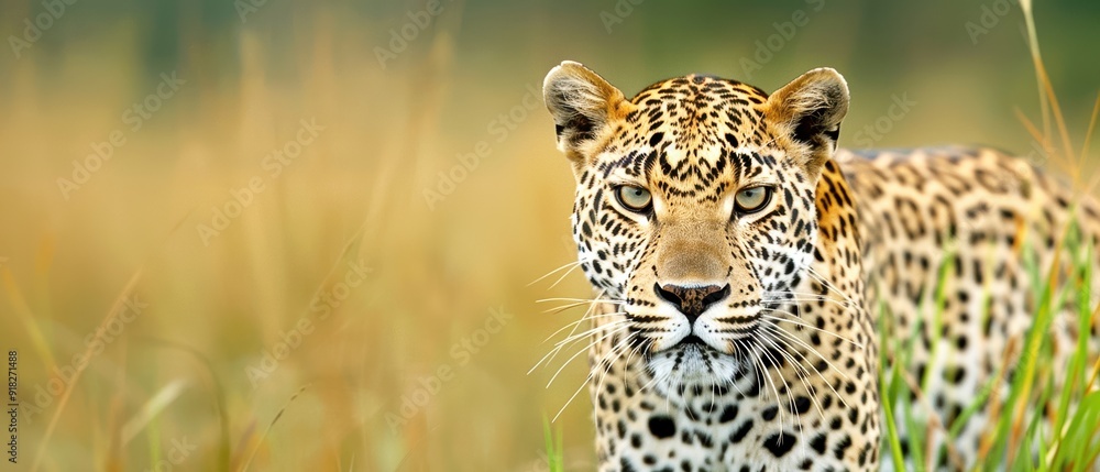 Close-up of a leopard in a natural habitat, showcasing its striking golden fur and distinctive black spots, with a blurred grassy background. Close-up of a leopard in a natural habitat, showcasing its striking golden fur and distinctive black spots, with a blurred grassy background.