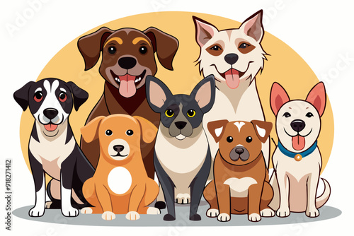 Seven Smiling Cartoon Dogs Sitting Together