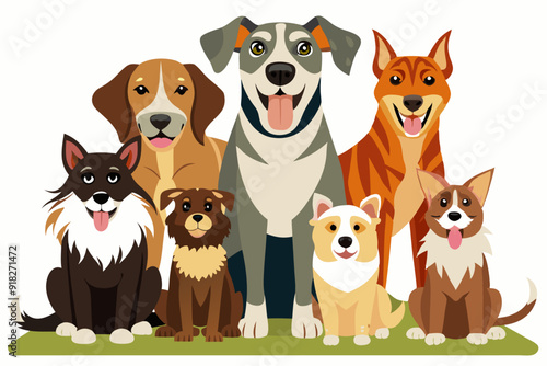 Group of Happy Dogs Sitting Together on Grass