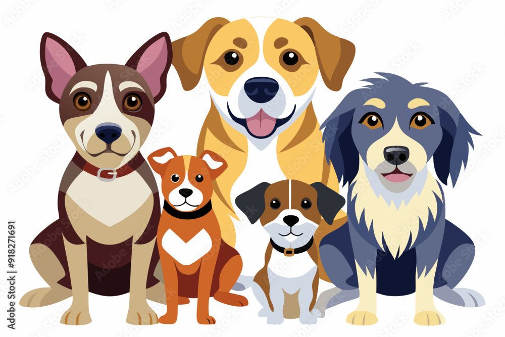 Five Cartoon Dogs Sitting Together, Smiling Five Cartoon Dogs Sitting Together, Smiling