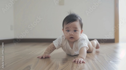 Adorable Asian baby crawling on the floor