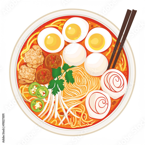 Top view of Penang Assam Laksa in a cartoon style on white background