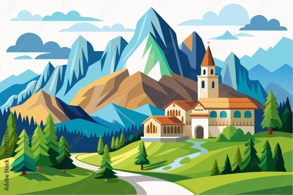 Naklejka premium Majestic Mountain Range With a Church and Winding Path in a Lush Valley