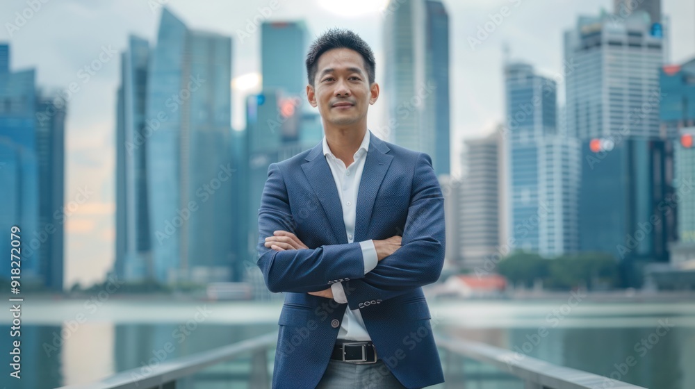 Asian businessman standing confidently in front of a city skyline Asian businessman standing confidently in front of a city skyline