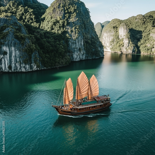 A traditional junk boat sailing in Ha Long Bay