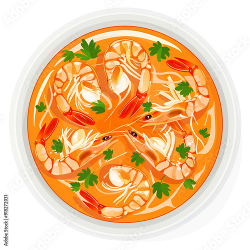 Top view of spicy prawn soup Bowl in a cartoon style on white background