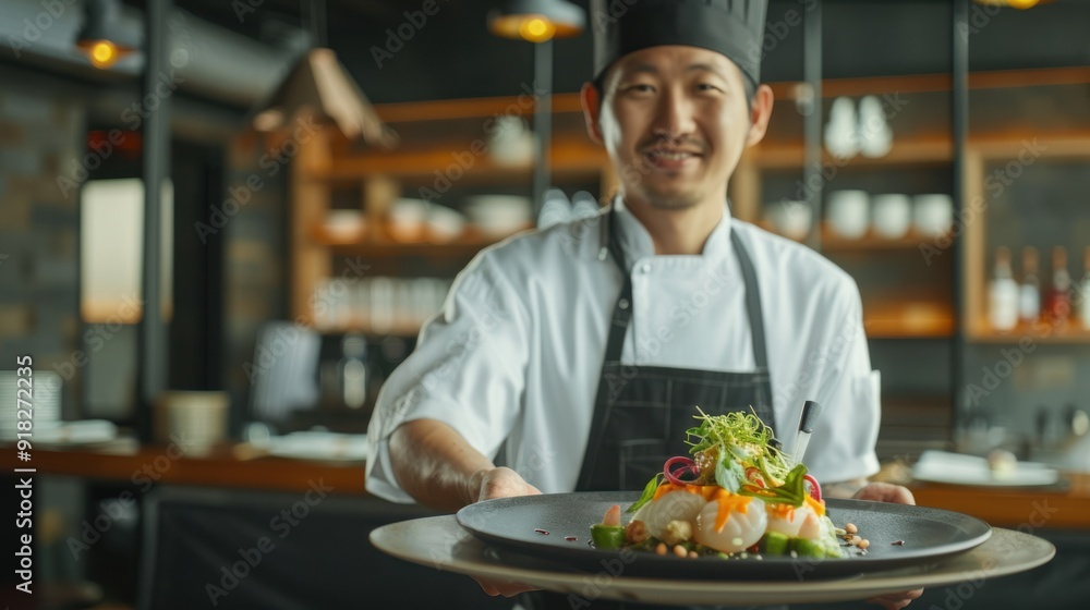 Asian chef presenting a beautifully plated dish Asian chef presenting a beautifully plated dish