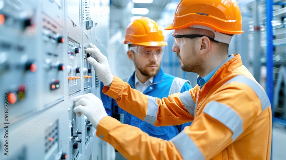 Engineers in safety gear working on industrial control panel, ensuring stability and efficiency at a manufacturing plant. Engineers in safety gear working on industrial control panel, ensuring stability and efficiency at a manufacturing plant.