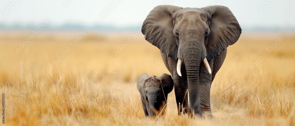 Fototapeta premium Mother elephant and baby walking through the golden plains, showcasing the beauty of wildlife and nature's bond.