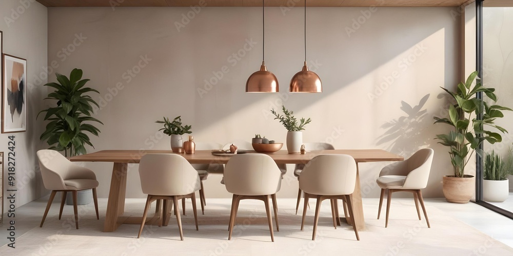 A modern dining room with a wooden table and beige upholstered chairs, accented by pendant lights with copper shades and a small potted plant. A modern dining room with a wooden table and beige upholstered chairs, accented by pendant lights with copper shades and a small potted plant.
