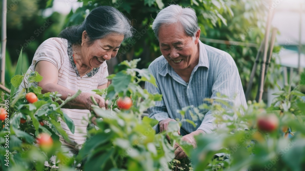 Asian grandparents gardening together Asian grandparents gardening together