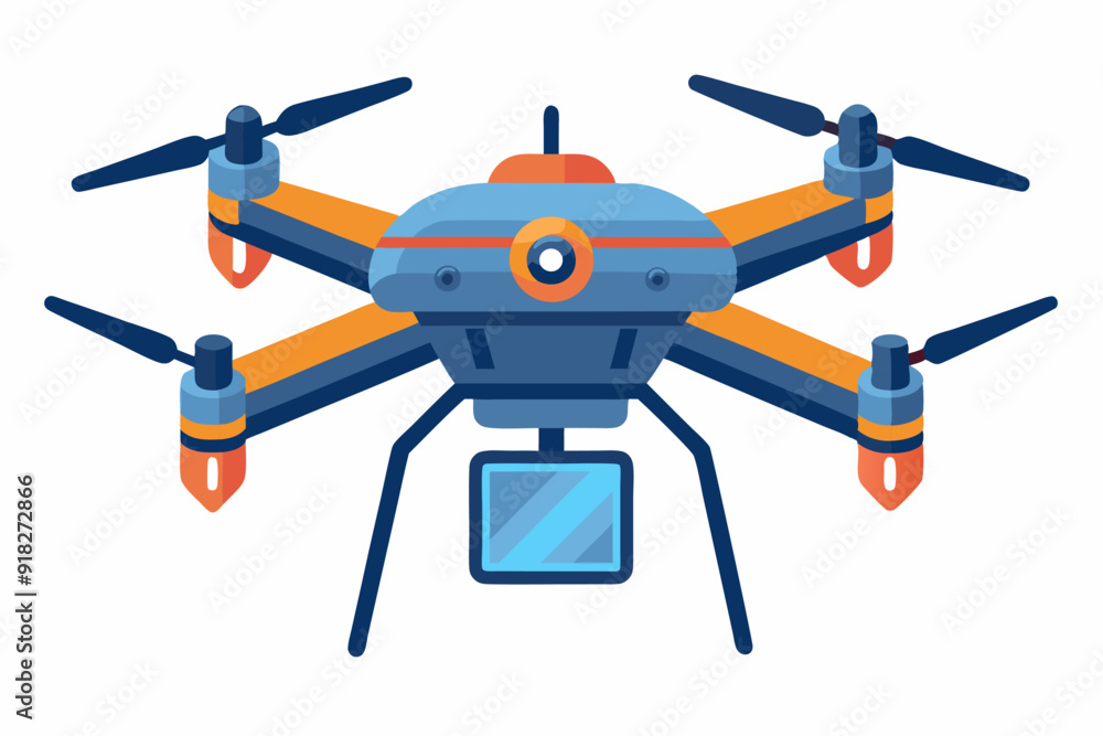 A blue and orange drone with four propellers A blue and orange drone with four propellers