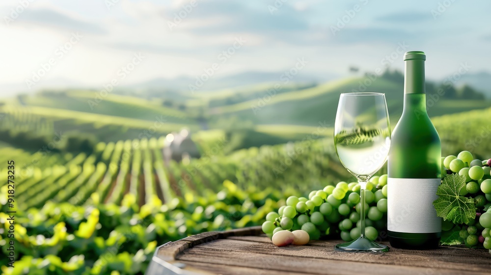 Fototapeta premium A bottle and glass of white wine with fresh grapes on a wooden barrel, overlooking a scenic vineyard landscape at sunset.