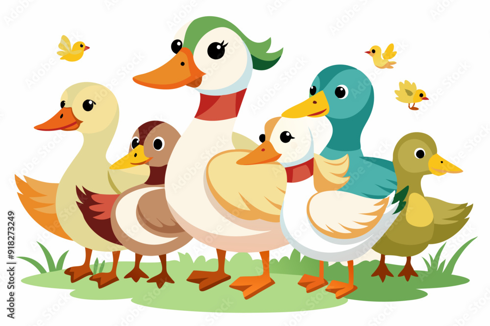 Five Cartoon Ducks and Three Birds on Grass Five Cartoon Ducks and Three Birds on Grass