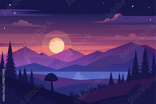 A Silhouetted Mountain Landscape with a Large Moon